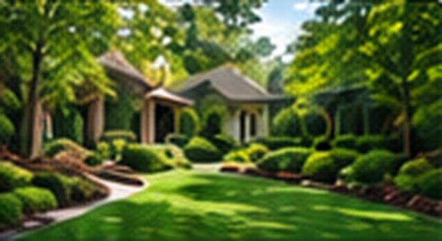 Landscaped front yard with a lawn, trees and garden beds