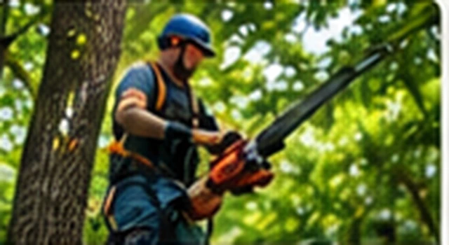 Professional tree worker wearing protective equipment