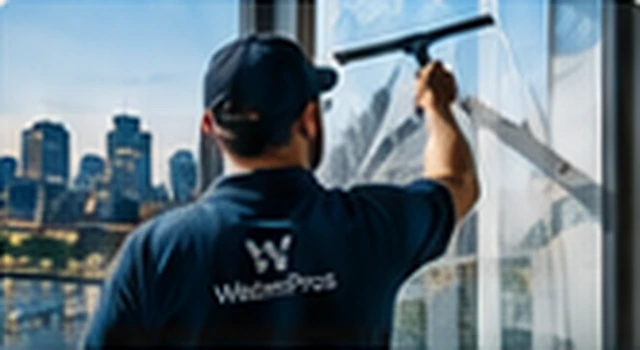 Window cleaner working in front of a Cleveland skyline